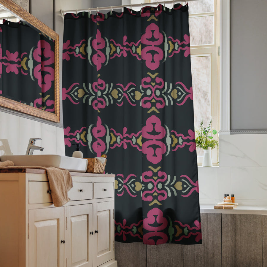 Magenta Baroque Shower Curtain mockup 1