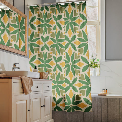 Green Petal Tile Shower Curtain mockup 1 pattern preview