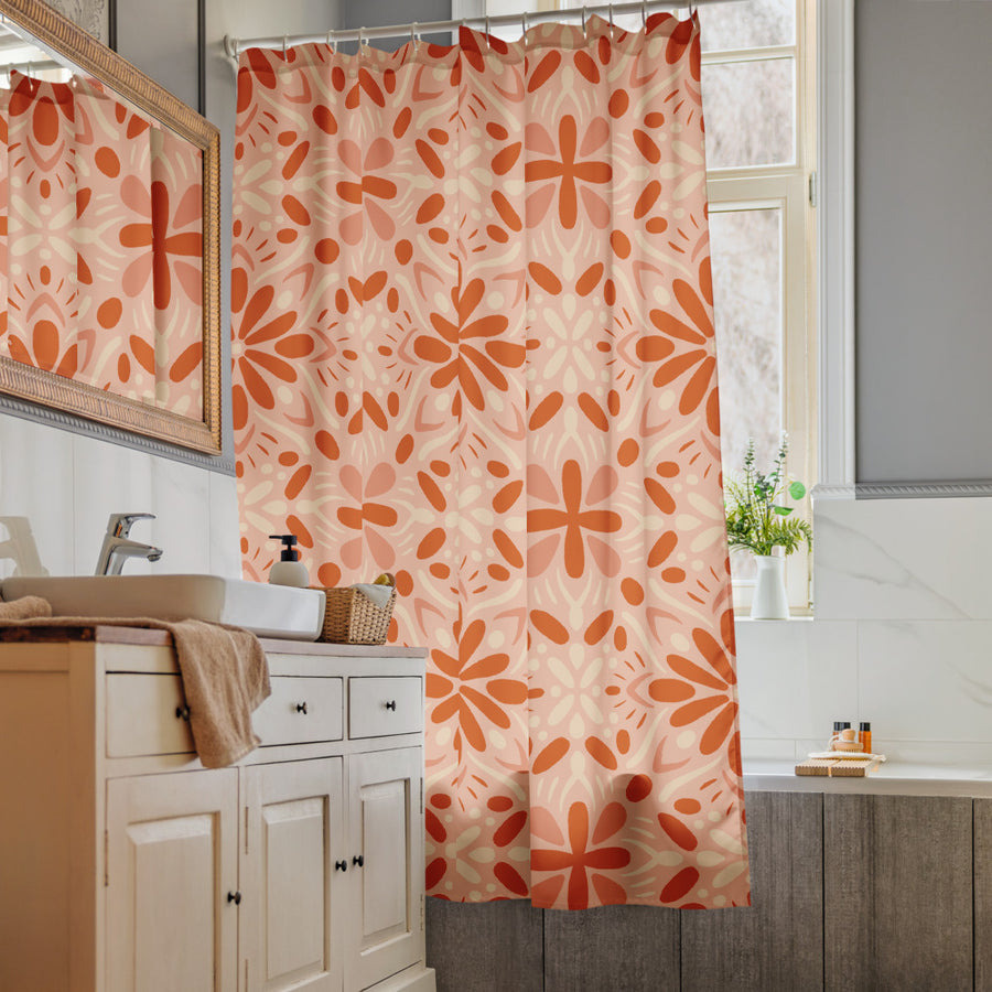 Peach Tonal Bloom Shower Curtain mockup 1