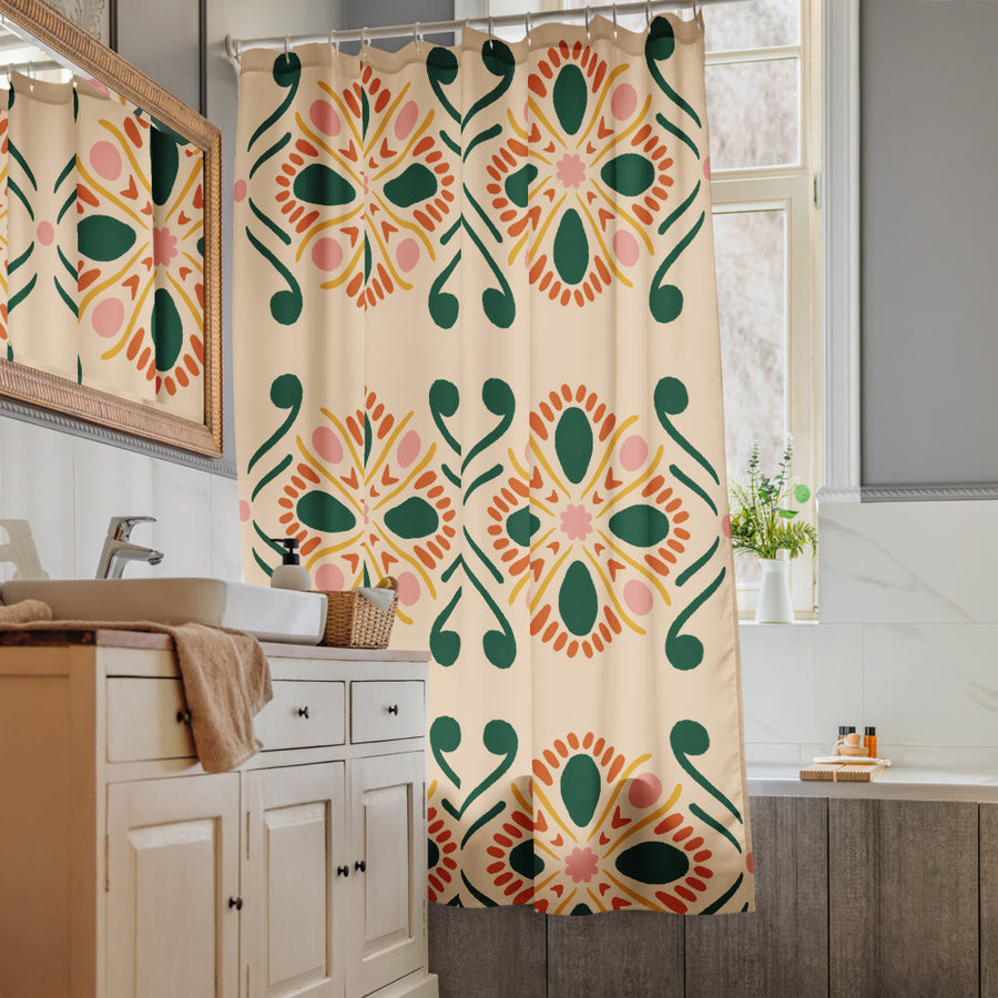 Forest Butterfly Tile Shower Curtain mockup 1