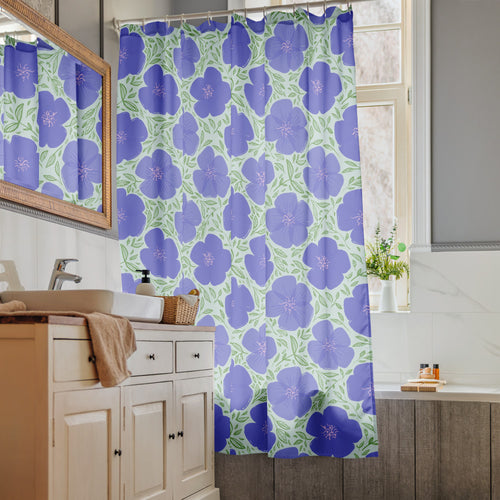Periwinkle Poppy Vine Shower Curtain mockup 1 pattern preview