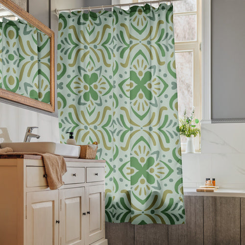 Mint Folk Shower Curtain mockup 1 pattern preview