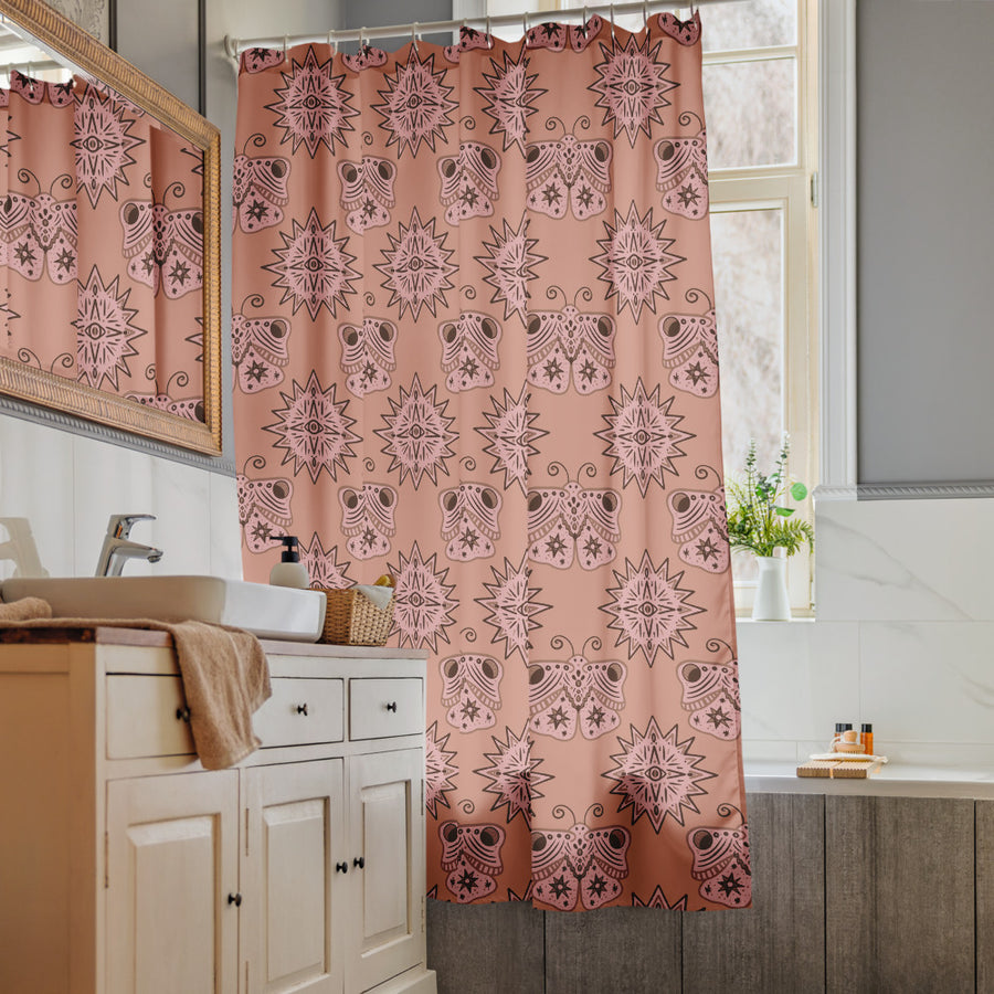 Mocha Butterfly Eye Shower Curtain mockup 1
