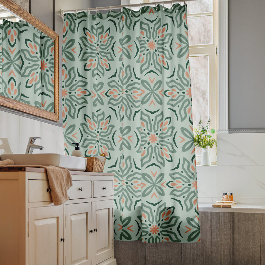 Mint Botanical Shower Curtain mockup 1
