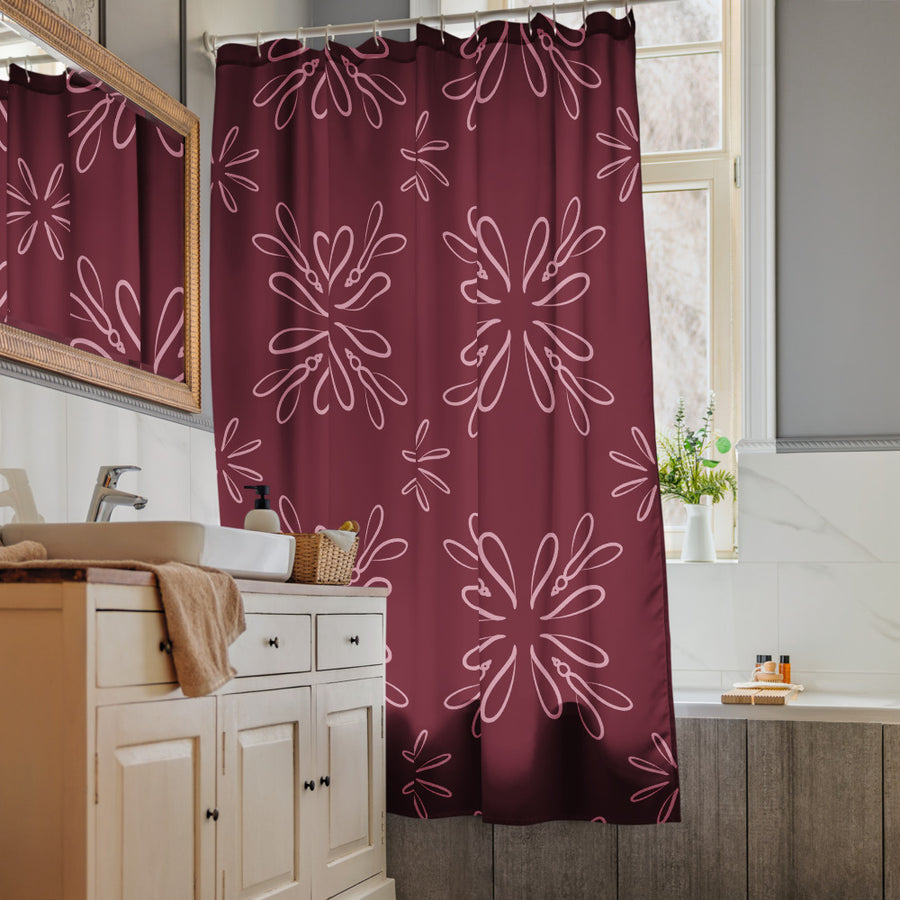 Burgundy Daisy Shower Curtain mockup 1