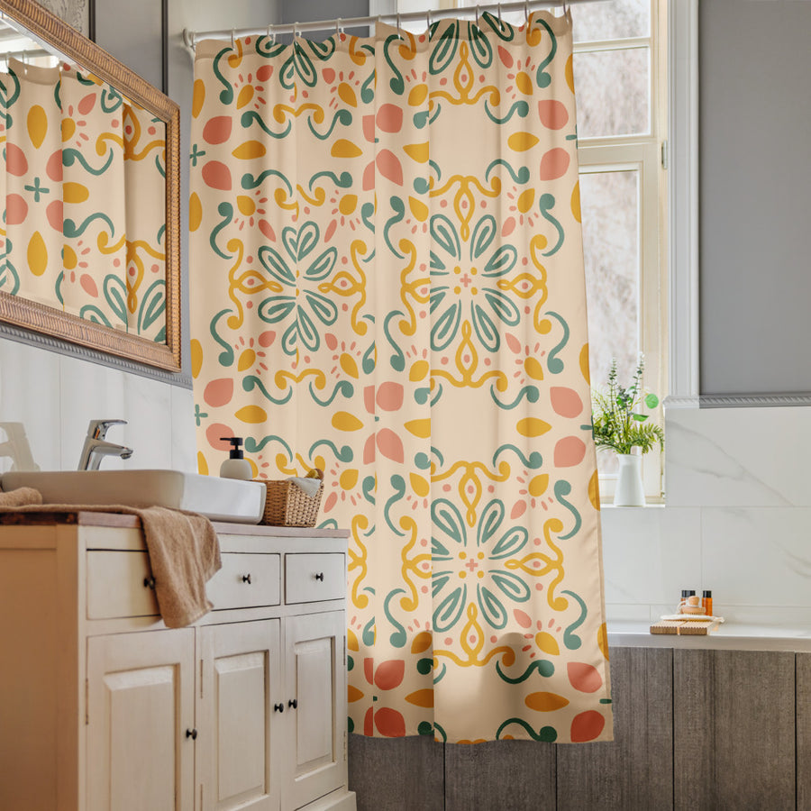 Folk Cross Tile Shower Curtain mockup 1