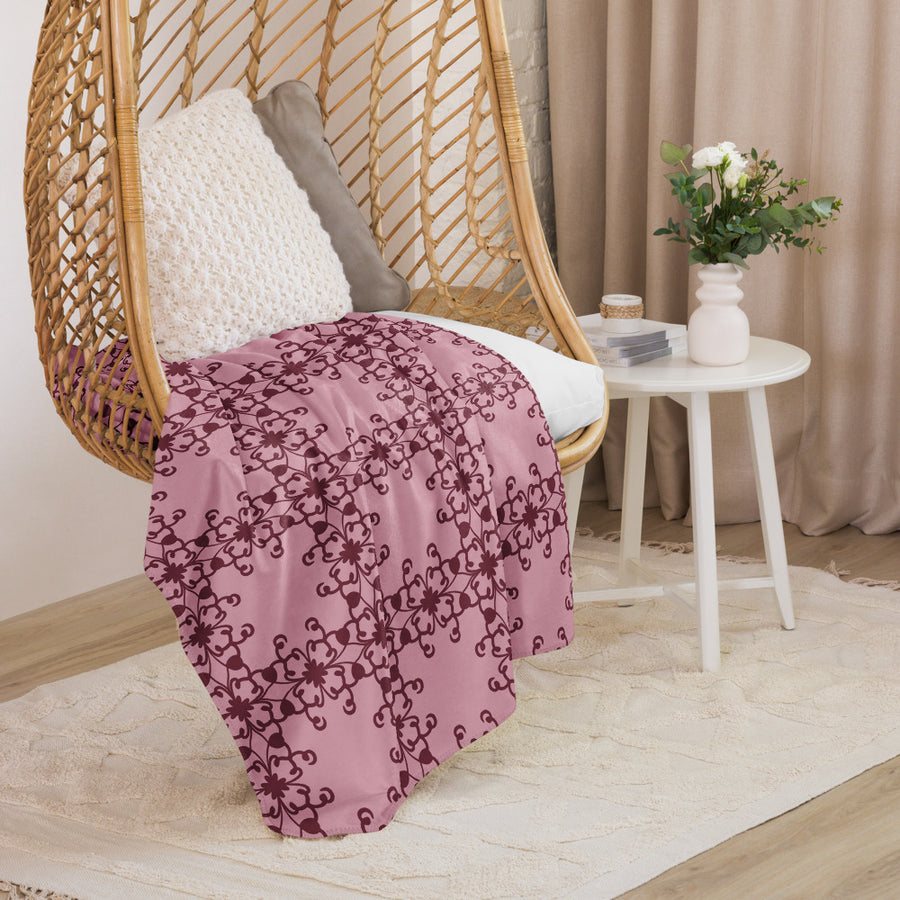 Crimson Scrollwork Sherpa Blanket mockup 1