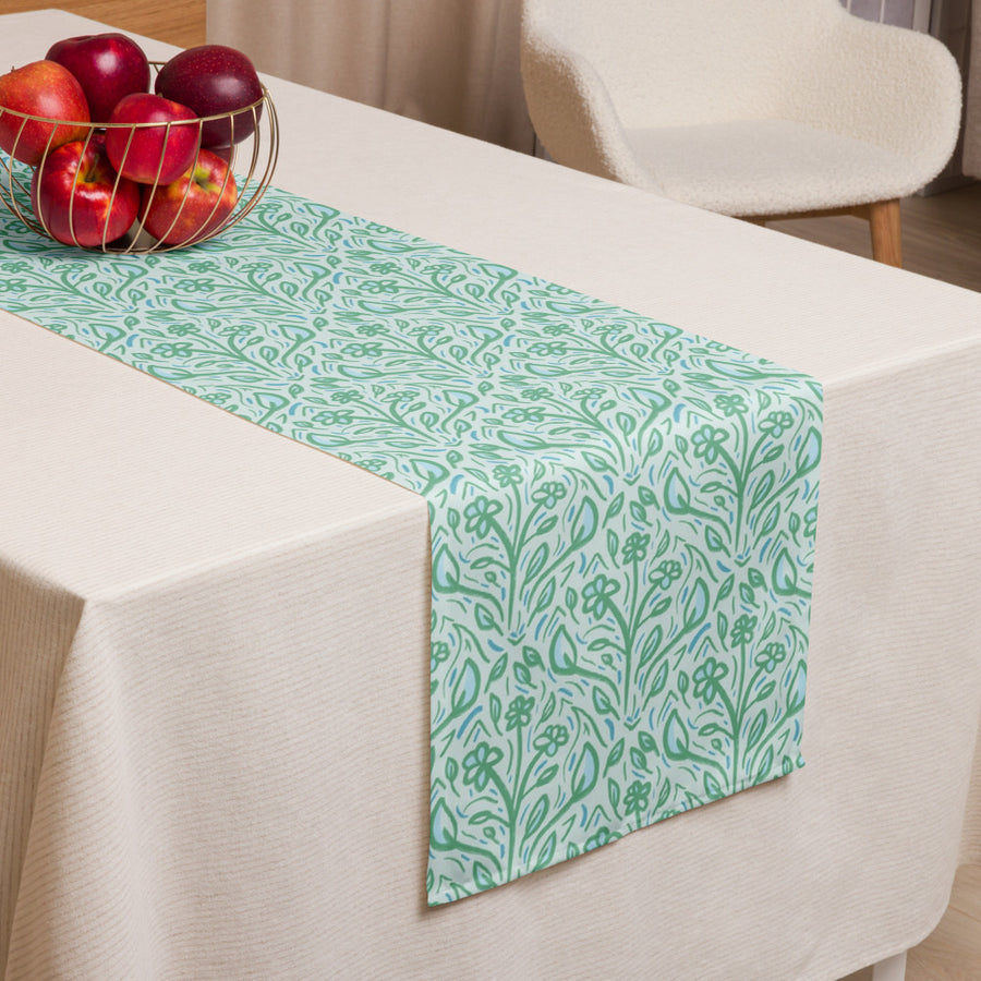 Teal Vine Damask Table Runner mockup 1