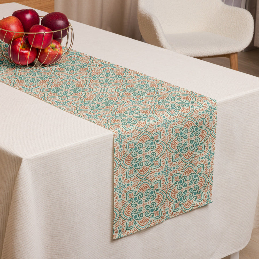 Teal Scroll Tile Table Runner mockup 1