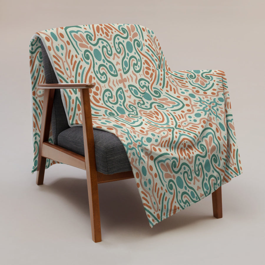 Teal Scroll Tile Fleece Blanket mockup 1